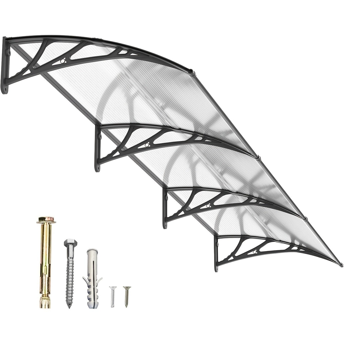 Polycarbonate Window Awning Door Canopy - UV Rain Snow Sun Protection Overhang for Doorways, Patio & Windows, Multiple Sizes, Black/Gray Bracket with Blue/Clear/Brown Board