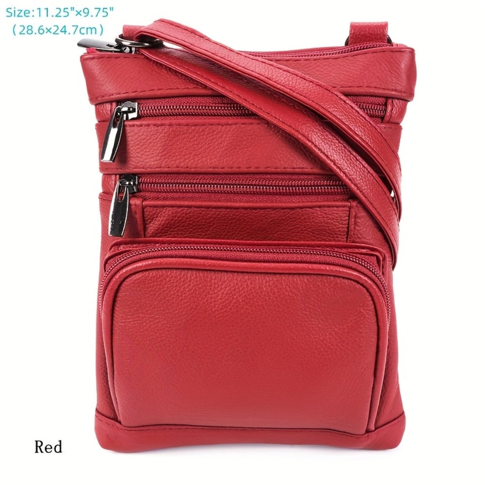 Genuine Leather Shoulder Bag for Women Men Soft First-Layer Cowhide Crossbody Bag Multi-Pocket Messenger Bag 3 Sizes Fits Smartphone Tablet Daily Work Travel – Black Red Brown Navy