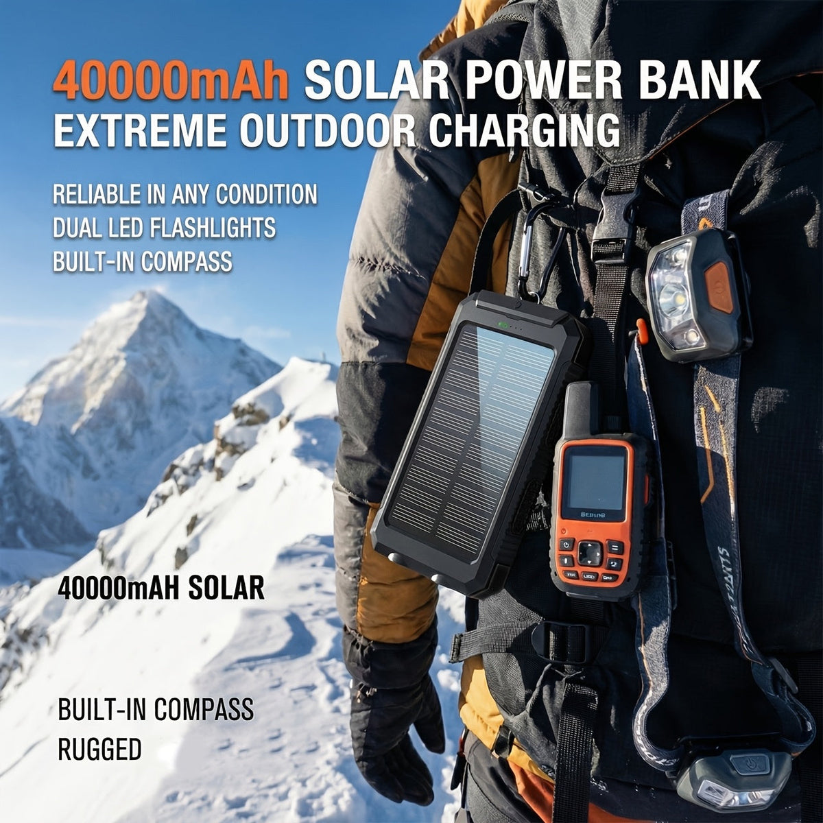 Solar Power Bank 20000mAh 40000mAh Portable Charger with Dual USB LED Flashlight & Compass - Waterproof External Battery Pack for Camping Hiking Outdoor Emergency, Compatible with iPhone Android Samsung
