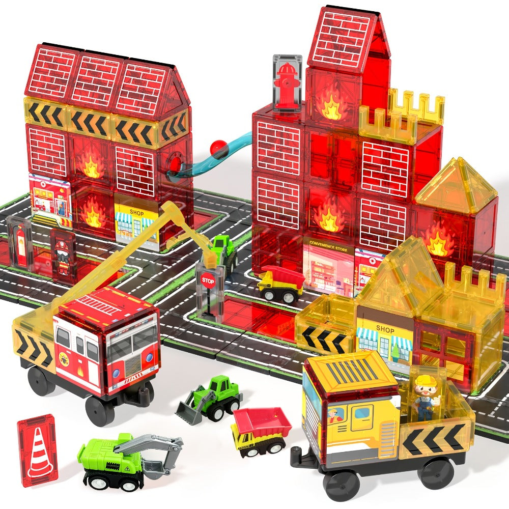 Magnetic Tiles Building Set, Firefighting Theme, Fire Truck & Station