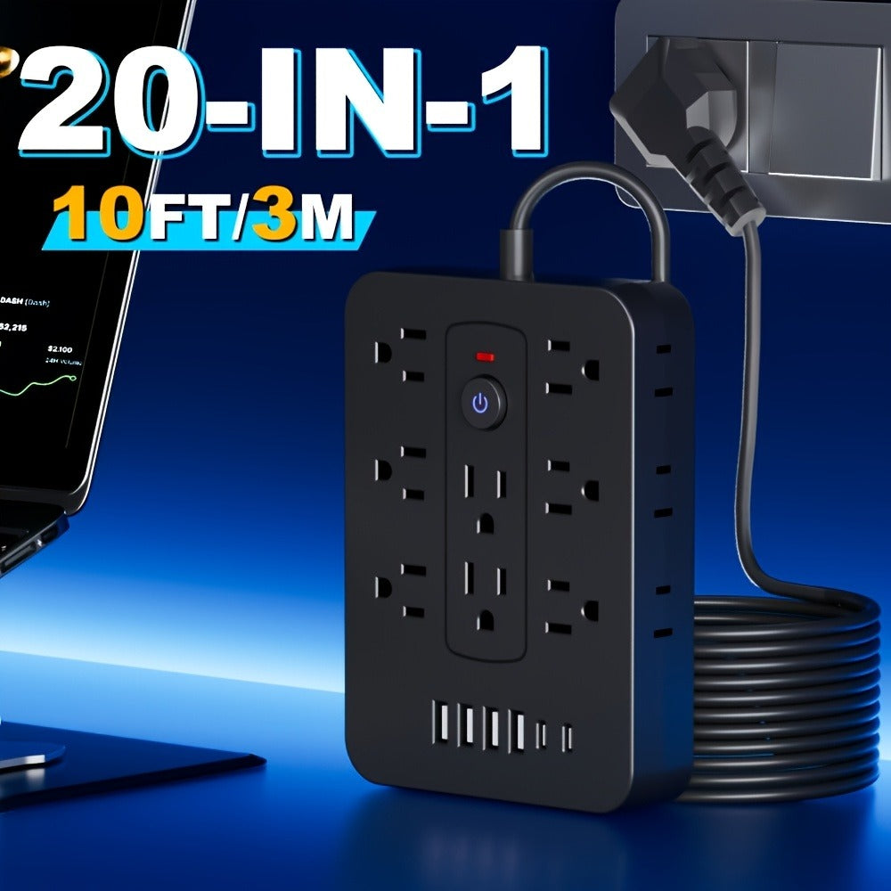 Compact Flat Plug Power Strip 20-in-1, 14 AC Outlets & 6 USB Ports (4 USB-A + 2 USB-C), Lightning Surge Protection, Space-Saving Extension Cord for Home Travel Office Kitchen – Overload Protection