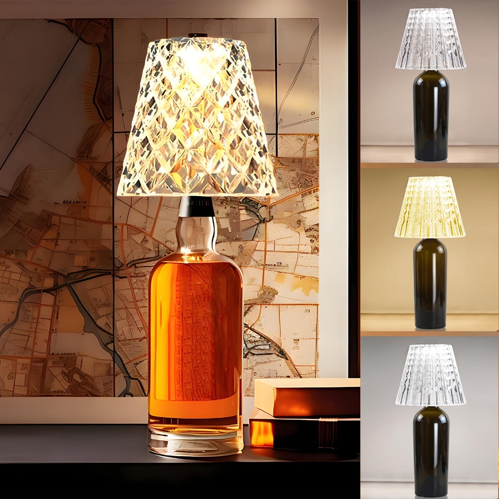 Wireless Wine Bottle Lamp – USB Rechargeable Acrylic Crystal Shade, 3-Color Touch Control Smooth Dimming, 2000mAh Cordless Bottle Light for Bar Decor, Home, Kitchen, Party & Table Ambiance (1pc / 2pcs)