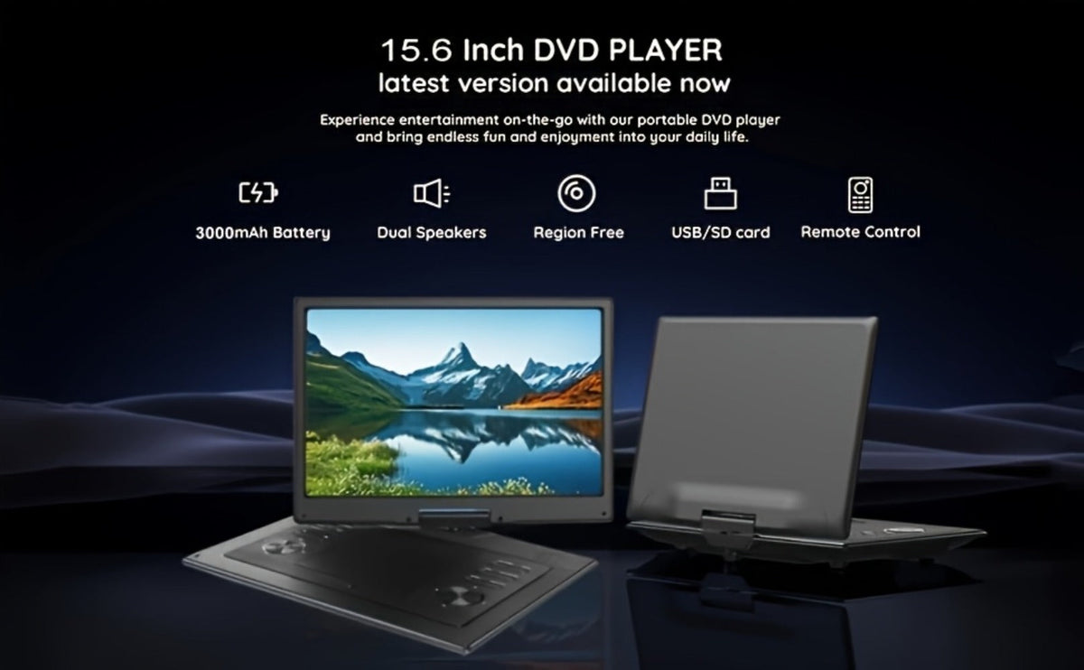 Large Screen Portable DVD Player 15.6 Inch 1280x800 HD, 270° Swivel Display, Region Free, Remote Control, Dual Speakers, USB SD Card Support, 4-6 Hour Rechargeable Battery for Car Home Travel