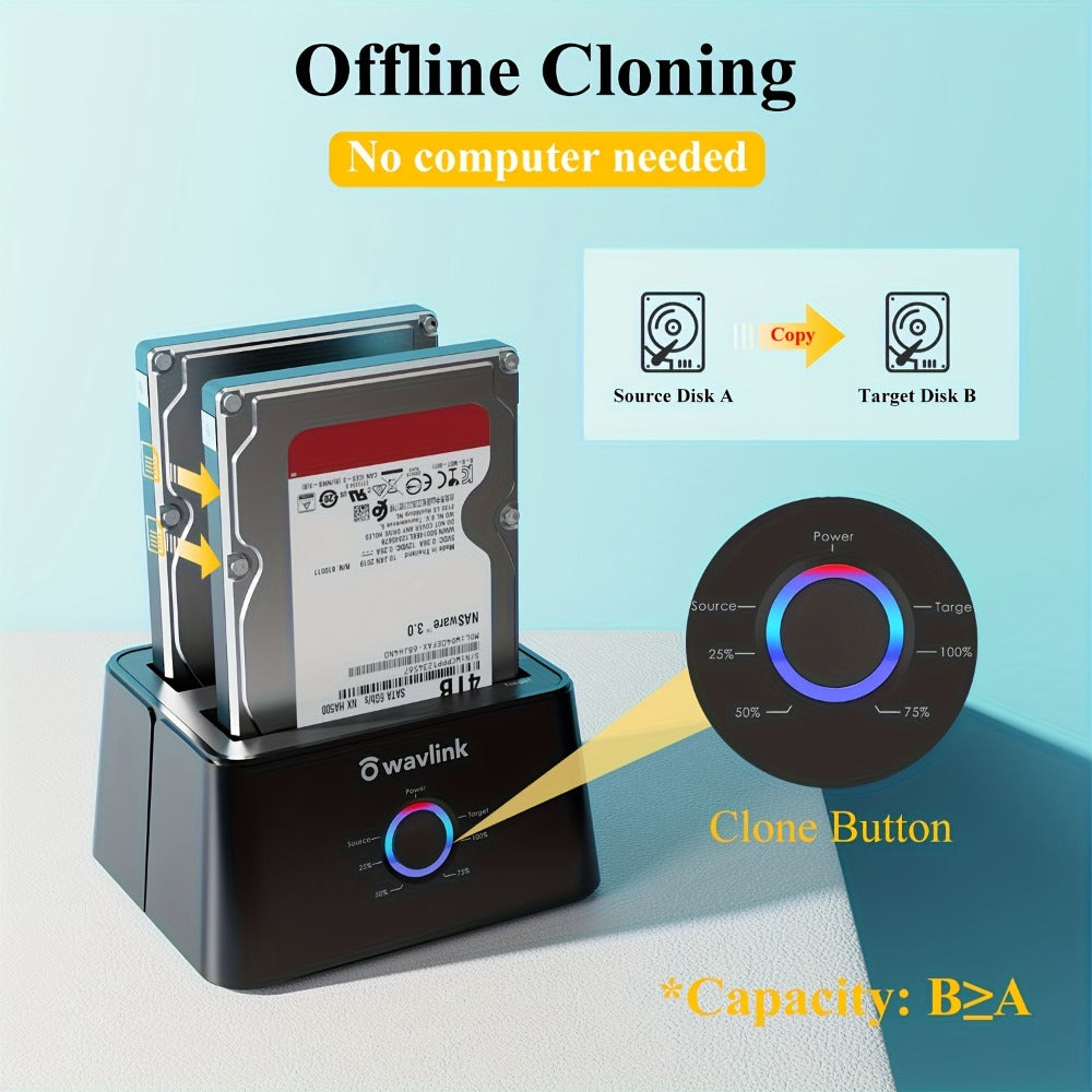 Dual Bay Hard Drive Docking Station USB 3.0 to SATA with Offline Clone Function – Wavlink Tool-Free Dock for 2.5/3.5 Inch HDD SSD, Up to 2x16TB, UASP 5Gbps, Hot Swap, USB-C Adapter Included