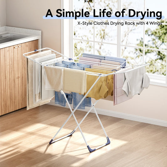 Clothes Drying Rack with 4 Folding Wings, Freestanding White Metal Frame