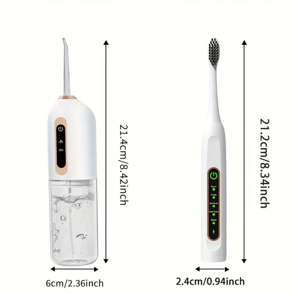 Electric Toothbrush Water Flosser Combo Set – 3 Modes USB Rechargeable Oral Care Kit with 4 Brush Heads & 4 Nozzles, 360° Rotating Flosser for Deep Clean & Gum Care