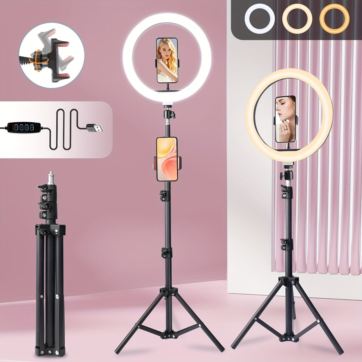 Desk Tripod Ring Light 10 12 Inch with Phone Stand, Adjustable Height 15 to 43 Inches, Dimmable LED Circular Light for Selfie Photography, Makeup, YouTube, TikTok & Live Streaming