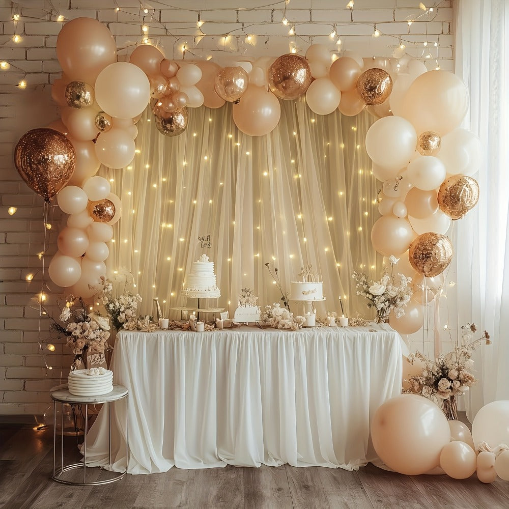 Champagne Tulle Backdrop with String Lights 5.2x10Ft 2pcs Sheer Curtain Photo Booth Props Wedding Party Background Decoration Non-Porous