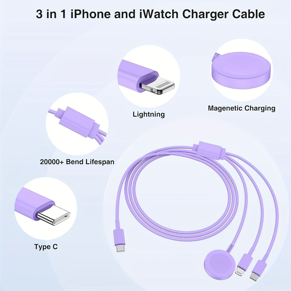 Apple Watch Charger Set 3-in-1 Magnetic Cable 6.6ft with 20W USB-C Wall Charger – Compatible with Apple Watch Ultra 2 Ultra SE Series 9 8 7 6 5 4 3 2 1 iPhone 15 14 13 12 11 AirPods White Pink Purple