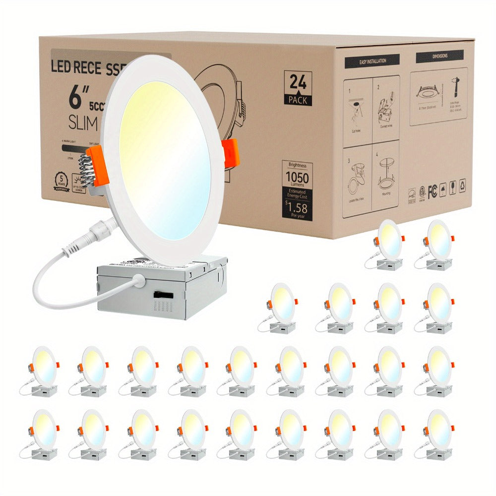 LED Recessed Ceiling Light 6 Inch 24/72 Pack 5CCT 2700K-5000K Dimmable Ultra-Thin Wafer Downlight 12W=110W 1050LM ETL Listed Junction Box Included for Kitchen Living Room Bedroom Hallway Office Lighting