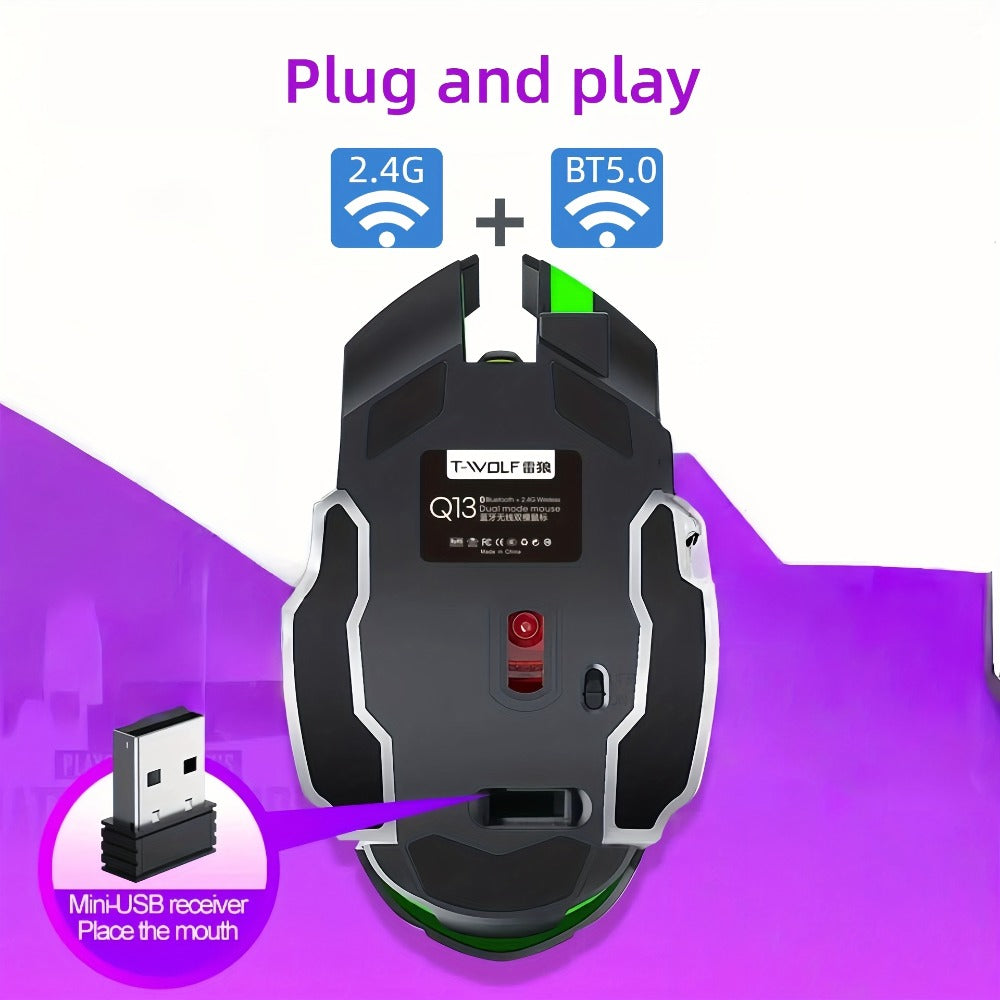 Ergonomic Silent Wireless Mouse T-WOLF Rechargeable Dual-Mode BT5.0 & 2.4G – Full-Size RGB Comfort Mouse for Work Study Gaming, Aesthetic Desk Setup, Back to School Gift for PC Laptop Mac