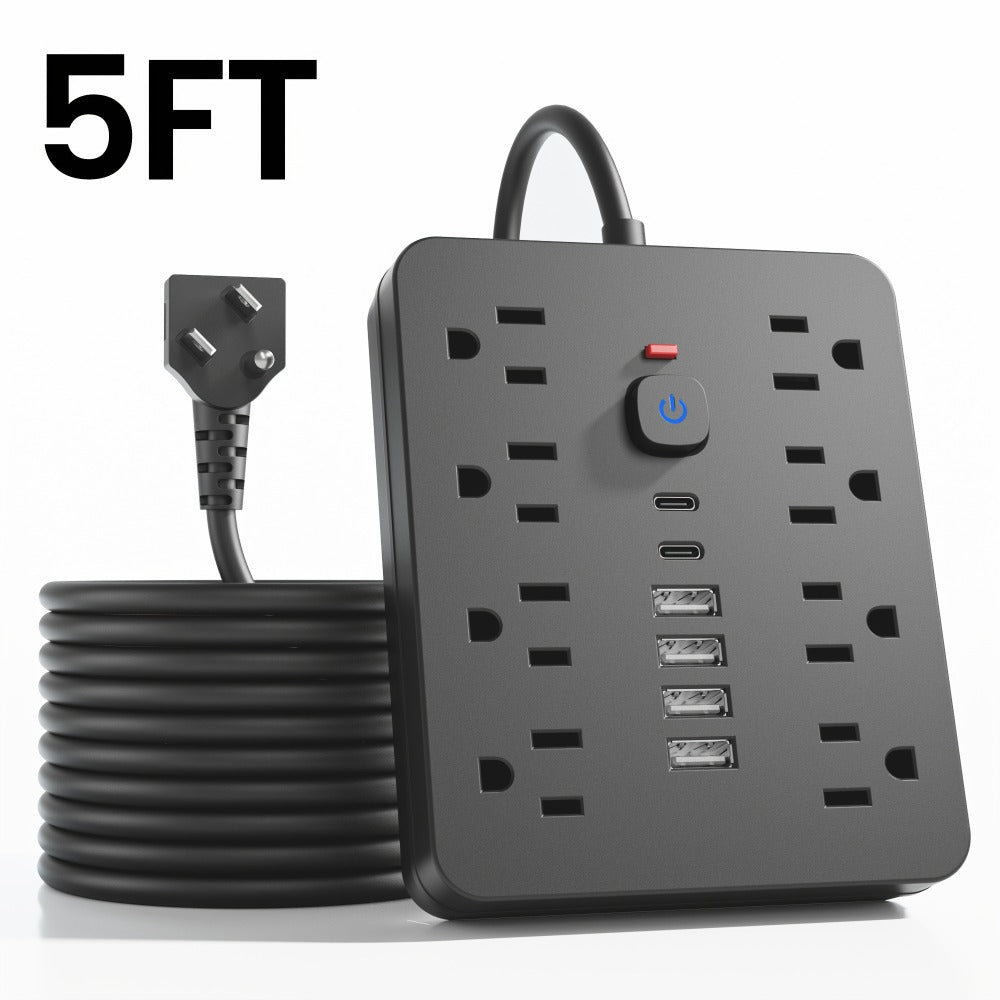 14-in-1 Wall-Mountable Power Strip with Surge Protector – 8 AC Outlets & 6 USB Ports (2 USB-C), Flat Plug Space-Saving Extension Cord, Overload Protection for Home School Office, 5ft or 10ft