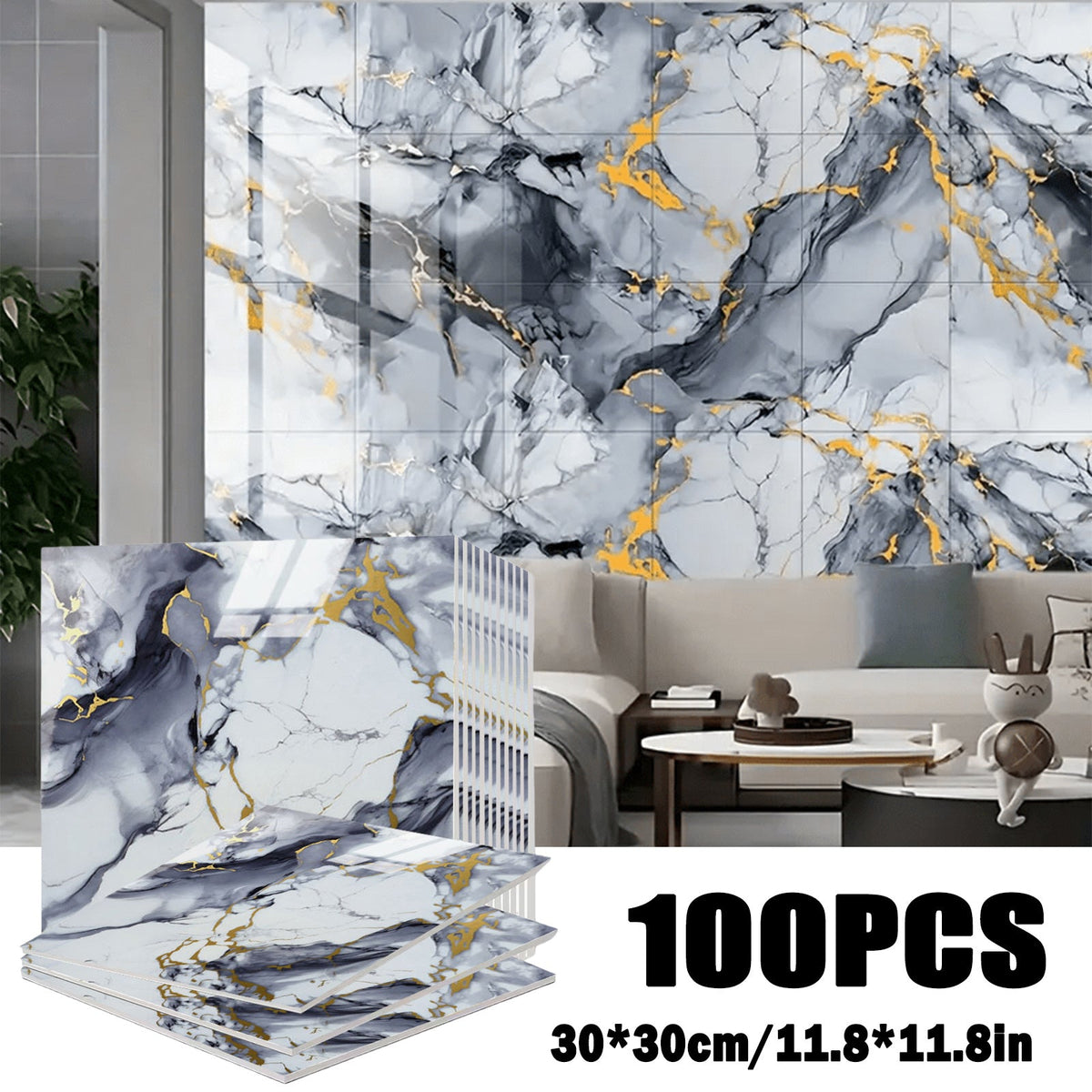 Self-Adhesive Marble Tile Stickers 11.8x11.8in Peel and Stick Wall Tiles for Bathroom Kitchen Backsplash – Waterproof 3D Glossy Imitation Marble Wall Panel, Easy to Install, 50 or 100 Pack