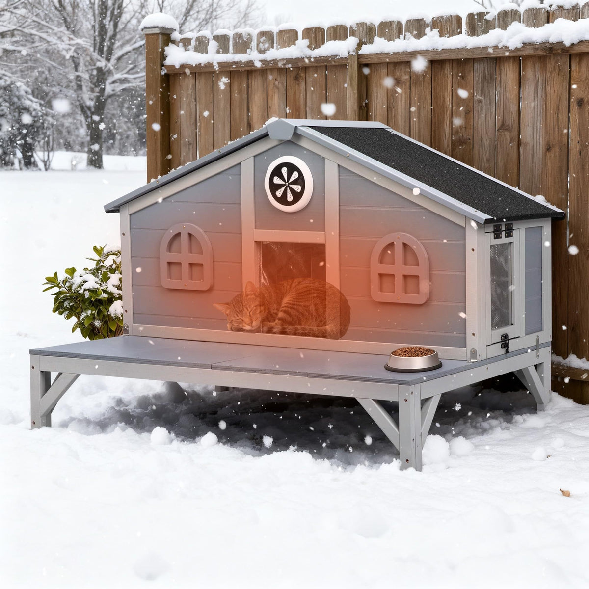 Outdoor Cat House Wooden Weatherproof Feral Cat Shelter with Deck, Elevated Legs & 2 Escape Doors – Large Indoor Outdoor Catio for 1-3 Cats, Rabbits & Small Animals, Grey
