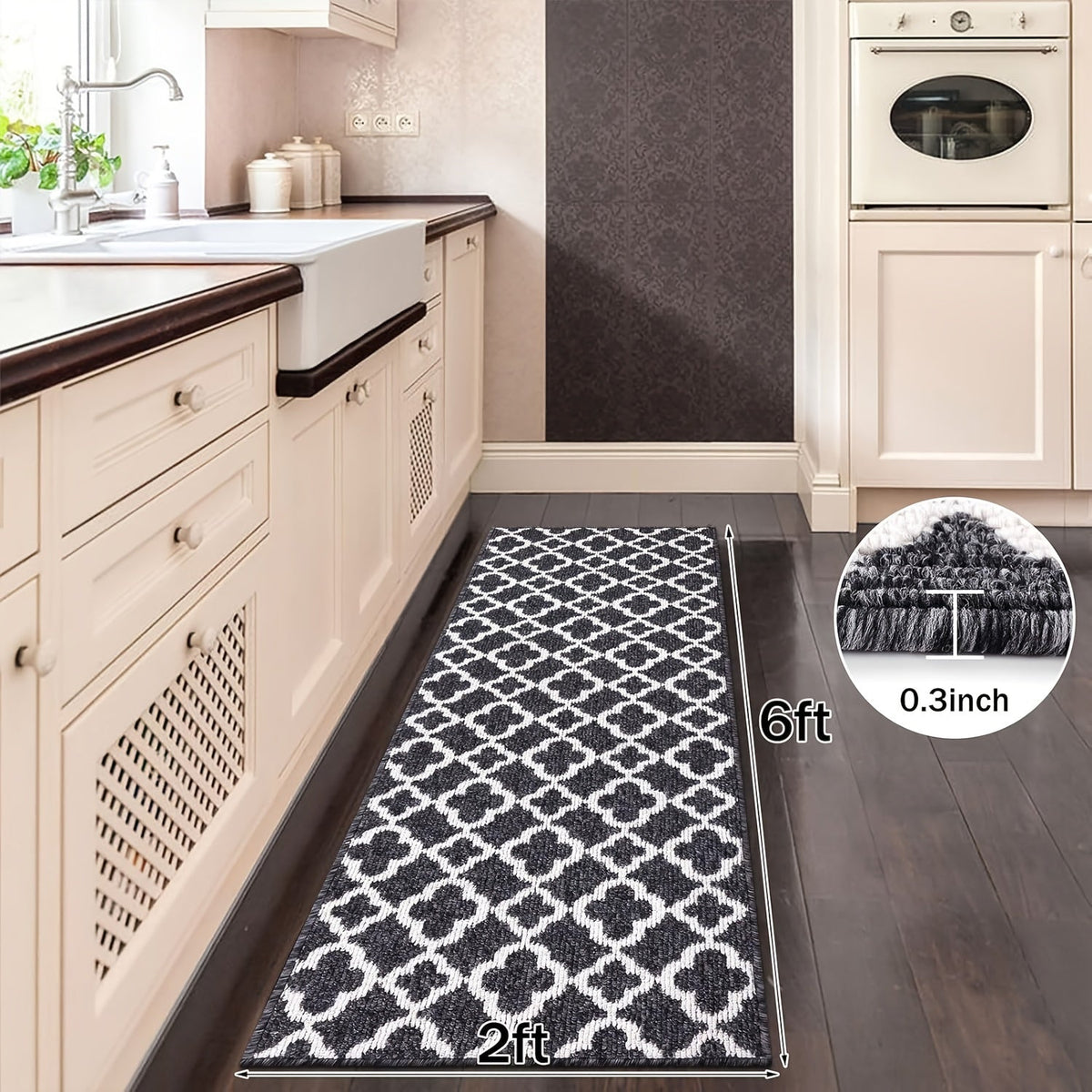 Runner Rug Moroccan Trellis Non-Slip – Machine Washable Hallway Carpet for Entryway, Kitchen & Bathroom – 100% Polypropylene Long Floor Rug, Black & Gray, 2x6, 2x8, 2x10 Ft
