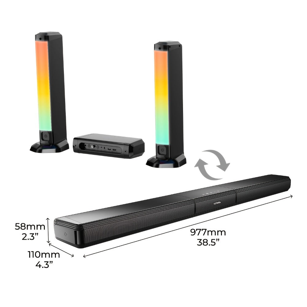 ULTIMEA Soundbar with Built-In Subwoofer – Choose 2.2CH 100W Detachable, 2.1CH 120W App Control, or 5.0CH 180W RGB Surround System, Bluetooth 5.3, ARC Optical AUX, 3 EQ Modes, Home Theater Speaker