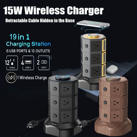 Wireless Charging Tower Power Strip 18-in-1 Surge Protector - 12 AC Outlets, 6 USB Ports (2 USB-C), 1050 Joules, 5ft Retractable Cord, Gold Desktop Charging Tower for Home Office Dorm