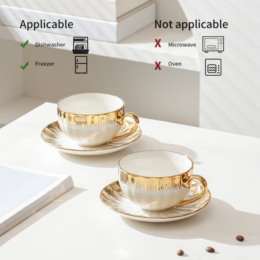 European Ceramic Coffee Cup and Saucer Set of 6 – Light Luxury 8.45oz Porcelain Tea Cups with Plates | Elegant Floral Dinnerware for Wedding Mother's Day Holiday Gift