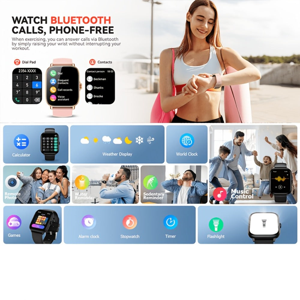 Smart Watch with Remote Photo Control & HD Voice Calling, Large Screen Unisex Smartwatch, Message Notifications, Multiple Sport Modes, Heart Rate Sleep Tracker, Compatible with iPhone & Android – Black Pink Silver Gold 5 Colors