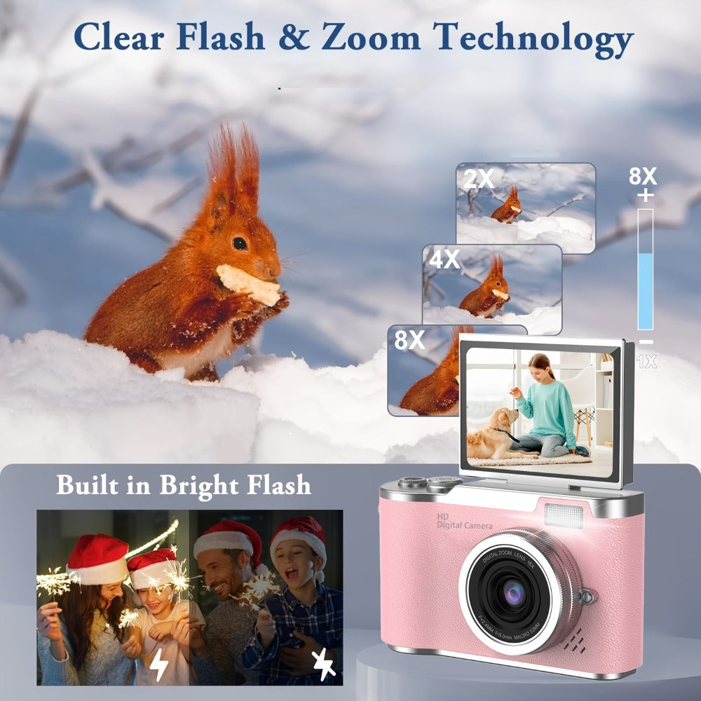 1080P Vlogging Camera for Beginners with 32GB Card 2.4 Inch LCD Screen Rechargeable Digital Camera for Photos Videos Webcam Use Compact Point and Shoot Camera Gift for Teens Kids Adults White Black Pink