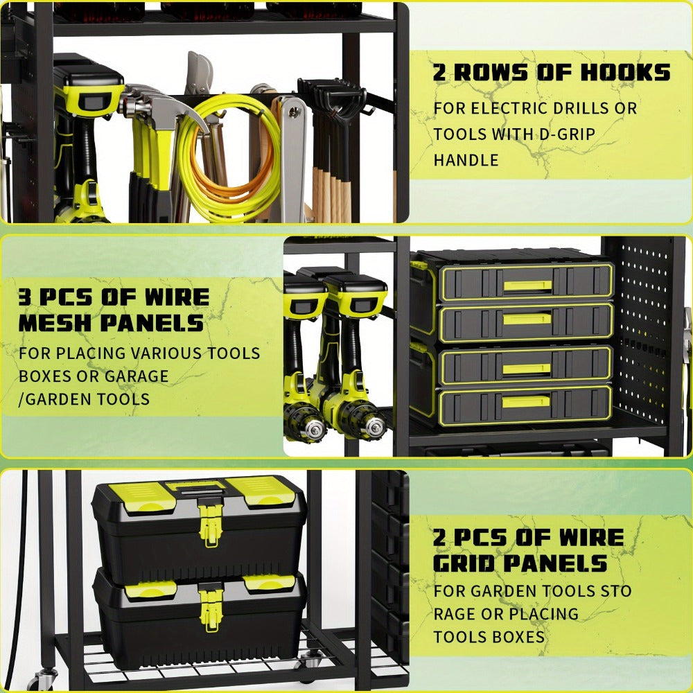 Mobile Tool Cart with Charging Station – 12 Drill Holders & 5 Storage Shelves Power Tool Organizer | Rolling Utility Rack Toolbox with Battery Charging Power Strip for Garage & Workshop | 4 Colors