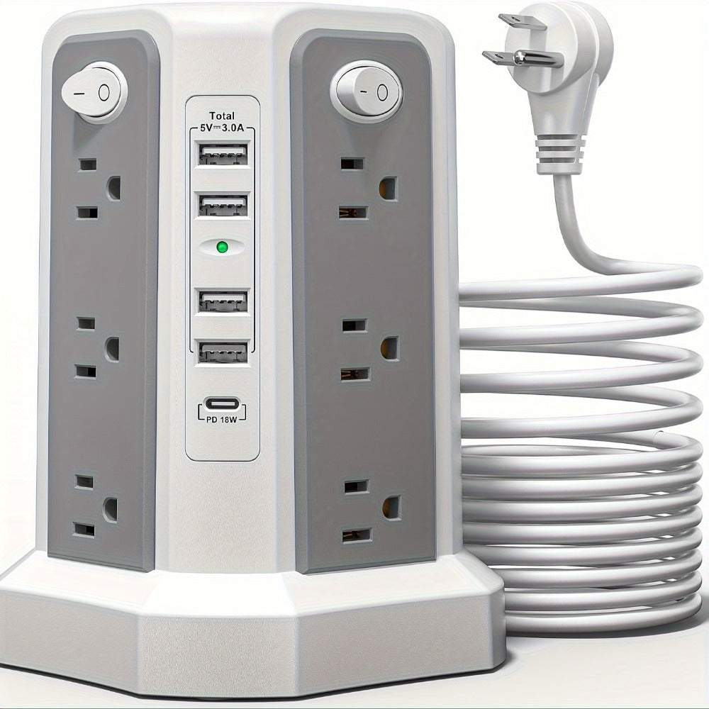 Power Strip Tower Angled Flat Plug 17-in-1 with 12 AC Outlets 4 USB-A 1 USB-C PD 18W 4 Independent Switches 1500J Surge Protector Desktop Extension Cord for Home Office Dorm Room – Black & White
