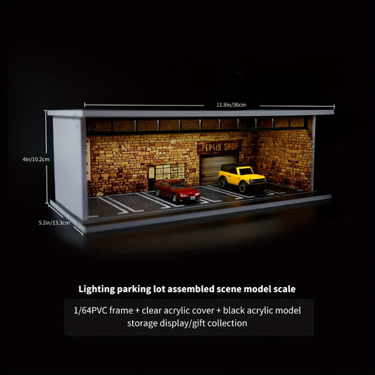 Diecast Car Display Case for 1:64 Scale, LED Garage Diorama Showcase for 6 Cars with Acrylic Cover