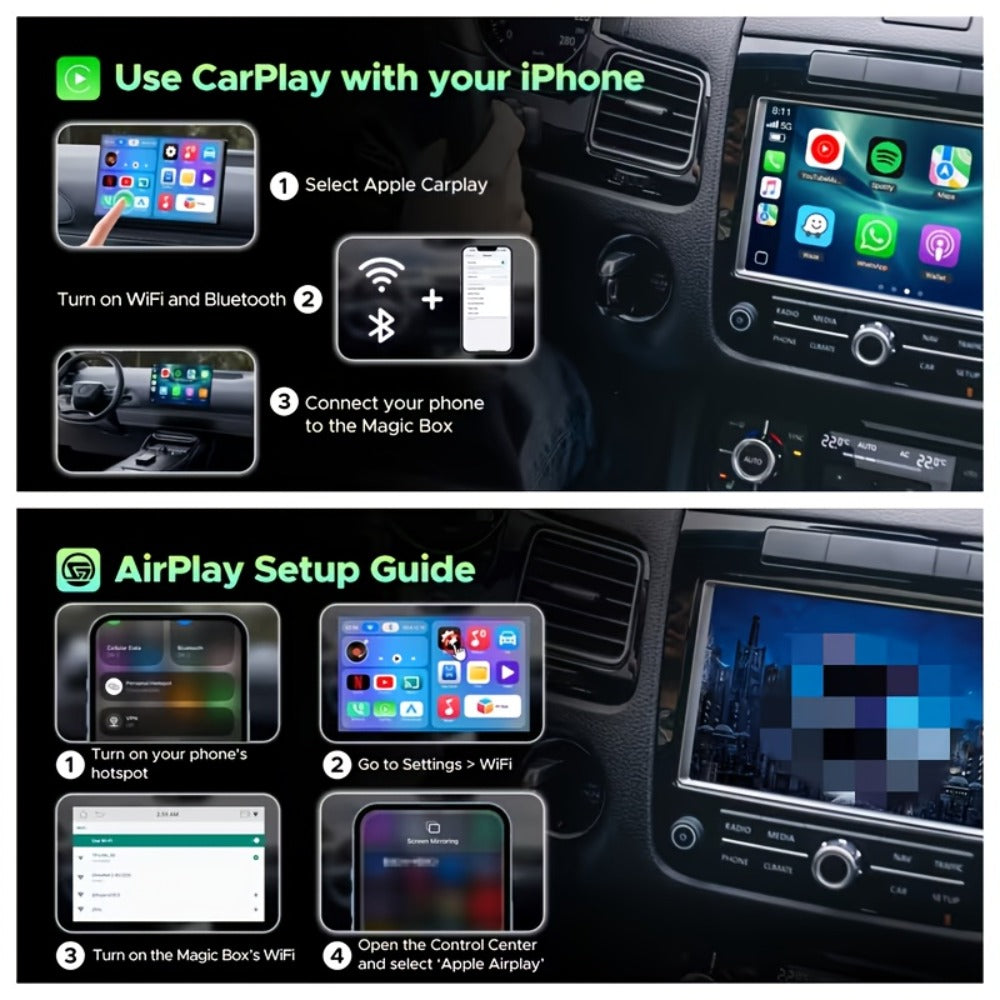 3-in-1 Wireless CarPlay Adapter Magic Media Box with Netflix YouTube TikTok Streaming & USB Port, Converts Factory Wired Apple CarPlay & Android Auto to Wireless, Plug-and-Play, iOS 10+, Black