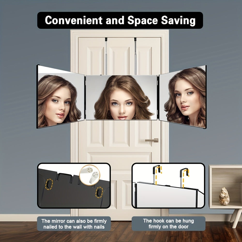 360° LED Self Hair Cutting Mirror – Anti-Fog HD Glass, Touch Dimming LED Light, USB Rechargeable 1500mAh, Door/Wall/Table Mount, DIY Home Barber Mirror for Men & Women