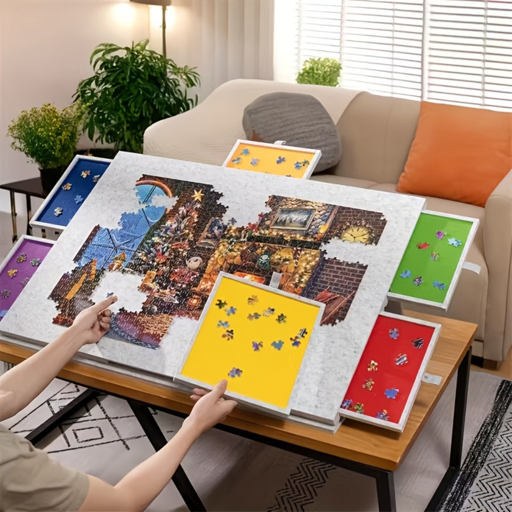 Jigsaw Puzzle Board with 6 Colored Drawers, Dark Gray 1000-Piece Storage Style