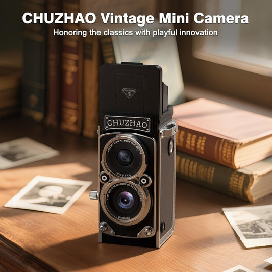 Retro TLR Digital Camera 1080P FHD 12MP Autofocus Vintage Dual Reflection Point and Shoot Compact Pocket Vlogging Camera with Dual Filters 16GB Card USB Battery Powered