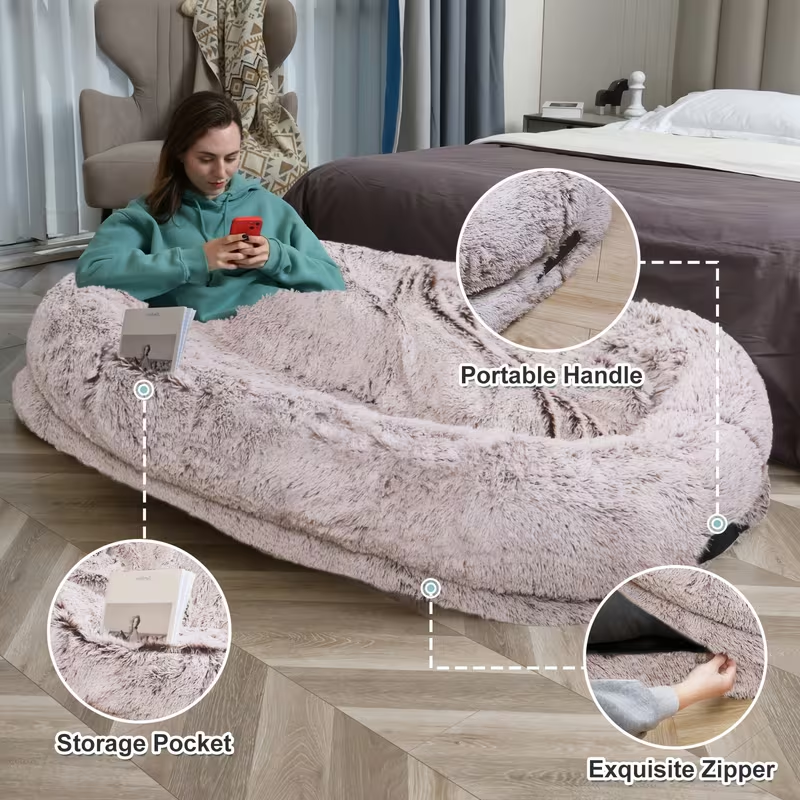 Human Dog Bed with Washable Faux Fur Cover in Two Size Options for People and Pets