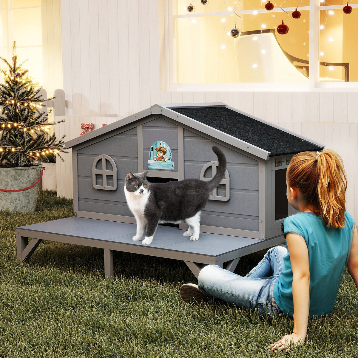Outdoor Cat House Wooden Weatherproof Feral Cat Shelter with Deck, Elevated Legs & 2 Escape Doors – Large Indoor Outdoor Catio for 1-3 Cats, Rabbits & Small Animals, Grey