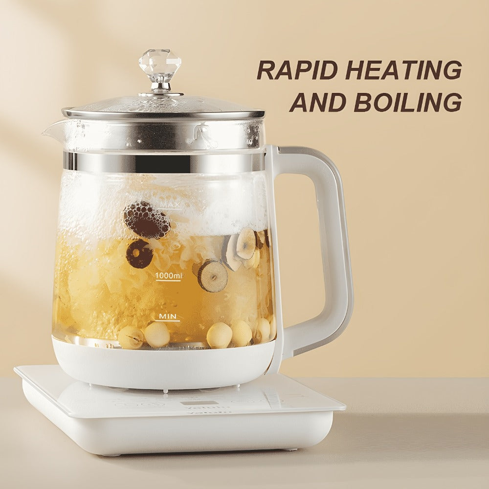 Electric Health Pot Smart Kettle 1.8L Thickened Glass 18 Smart Functions Removable Filter Multi-Functional for Tea Herbal Brewing Camping Home US Plug White