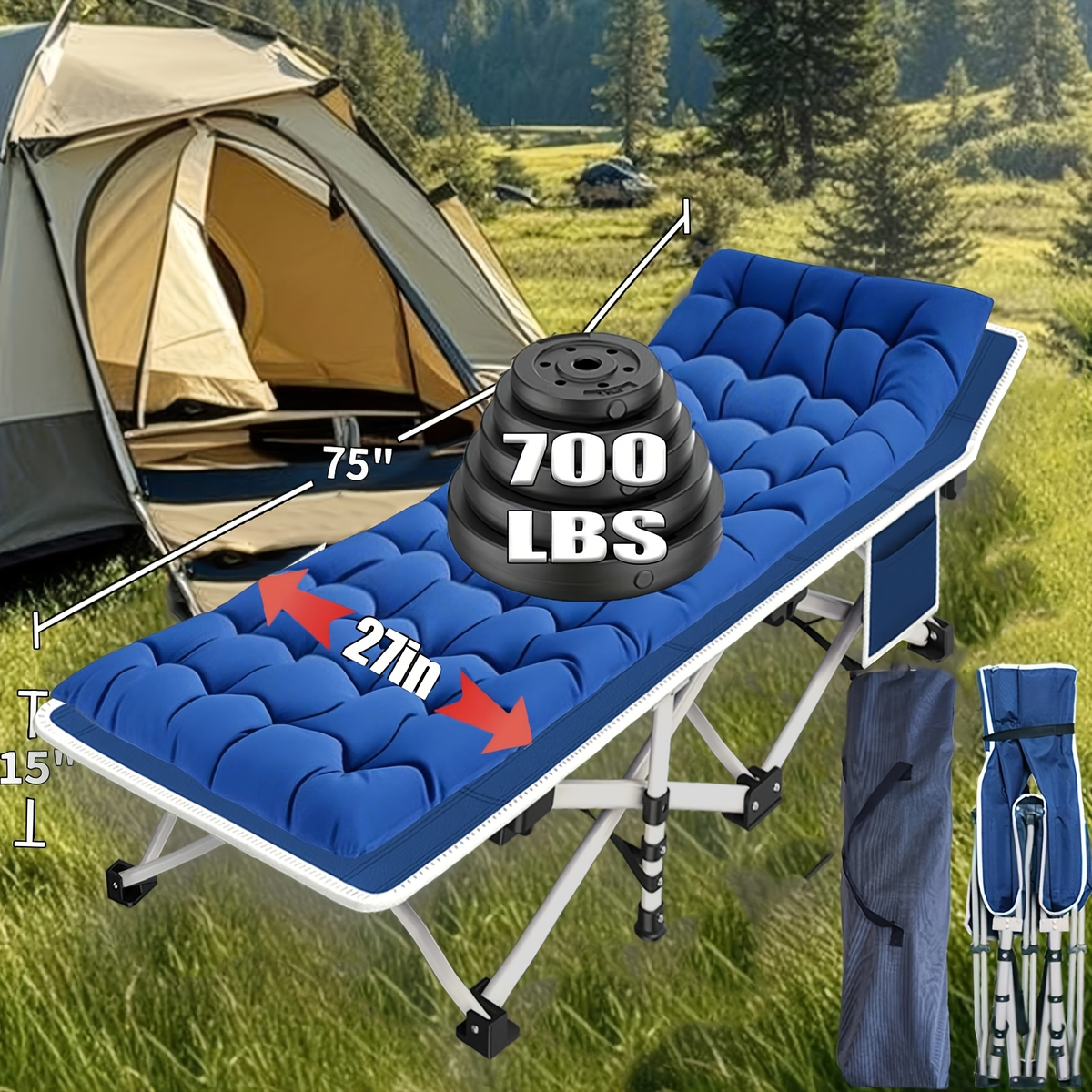 XXL Folding Camping Cot with Mattress - Extra Wide 27" & 32" Heavy Duty Sleeping Cot for Adults, 1200D Oxford Portable Camp Bed with Carry Bag | Outdoor Hiking Backpacking Guest Bed