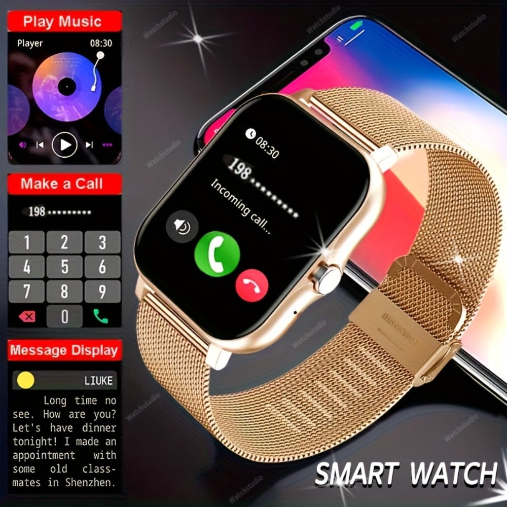 Gift Smartwatch Metal Strap – Wireless Calling, Music Player, App Notifications, Sports Mode, USB Rechargeable – Elegant Watch Gift for Women & Men Pink Black Silver Gold Android & iPhone