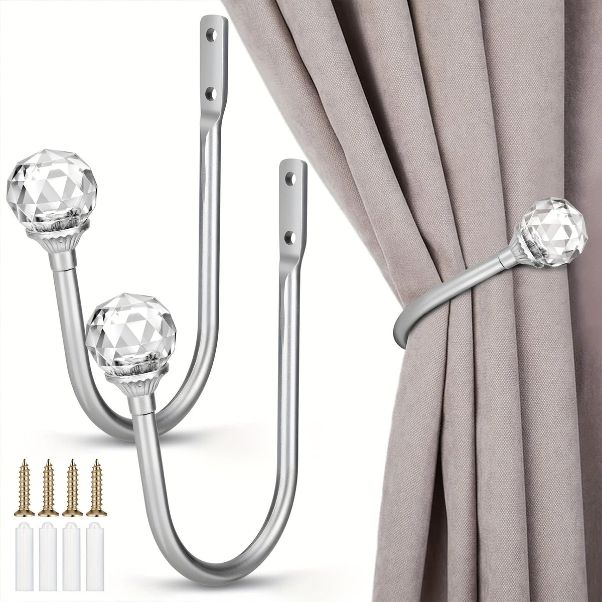 Crystal Curtain Holdbacks Wall Mounted 2-Pack Heavy Duty Metal Drapery Tieback Hooks Home Office Decor
