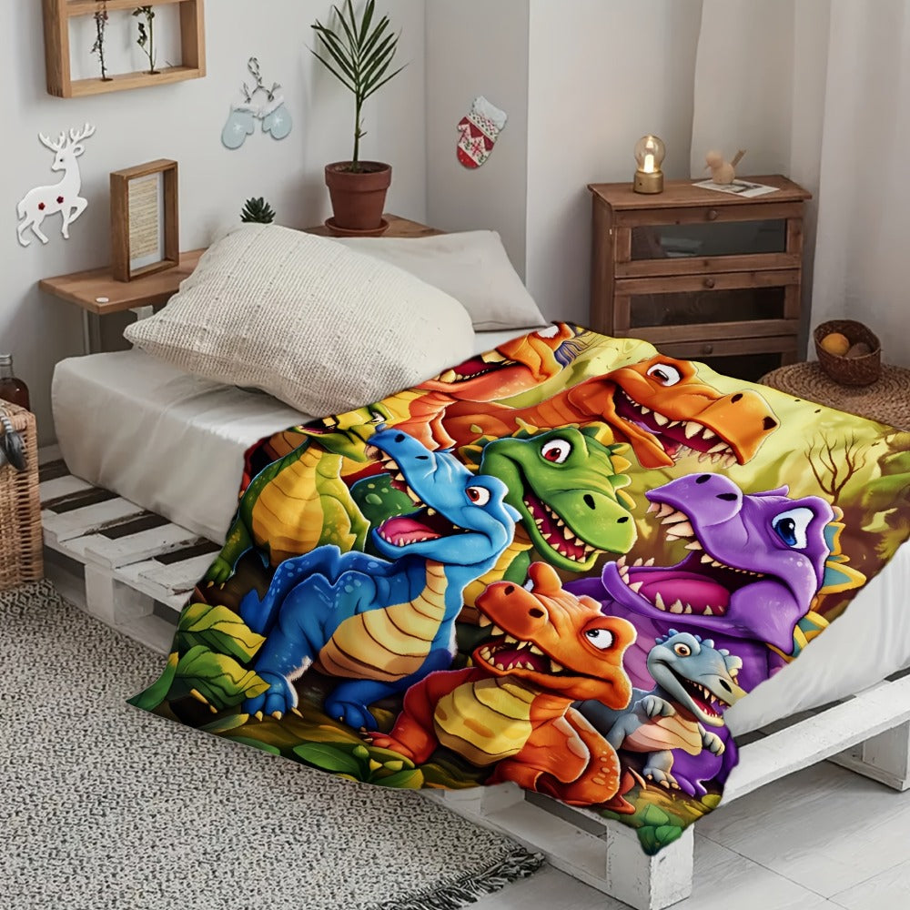 Dinosaur Print Flannel Throw Blanket – 250-300gsm Soft Lightweight Cartoon Dino Blanket for Kids, Couch, Bed & Travel, 5 Sizes