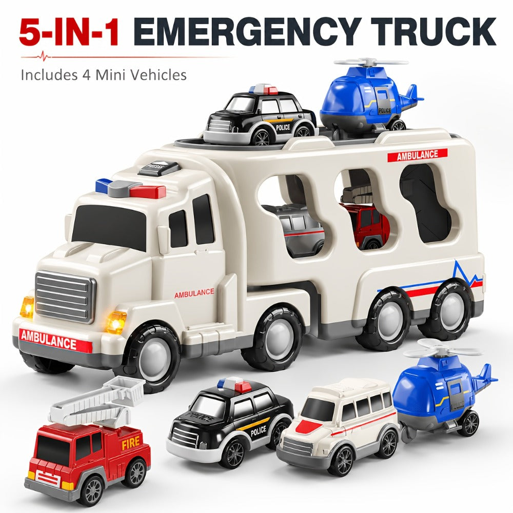 Ambulance Carrier Truck Toy Set, 5-in-1 with Lights, Sound and Rescue Vehicles
