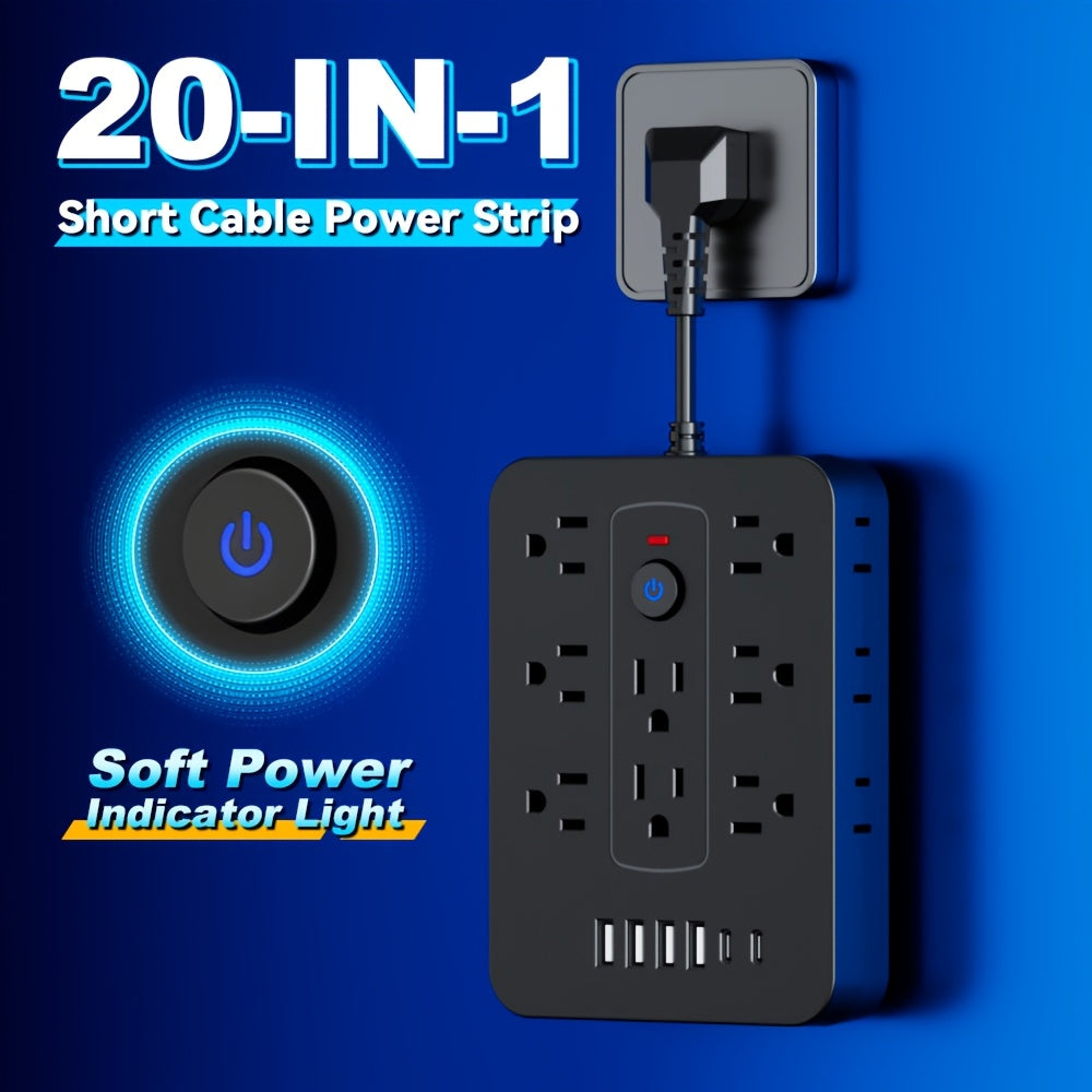 Compact Flat Plug Power Strip 20-in-1, 14 AC Outlets & 6 USB Ports (4 USB-A + 2 USB-C), Lightning Surge Protection, Space-Saving Extension Cord for Home Travel Office Kitchen – Overload Protection