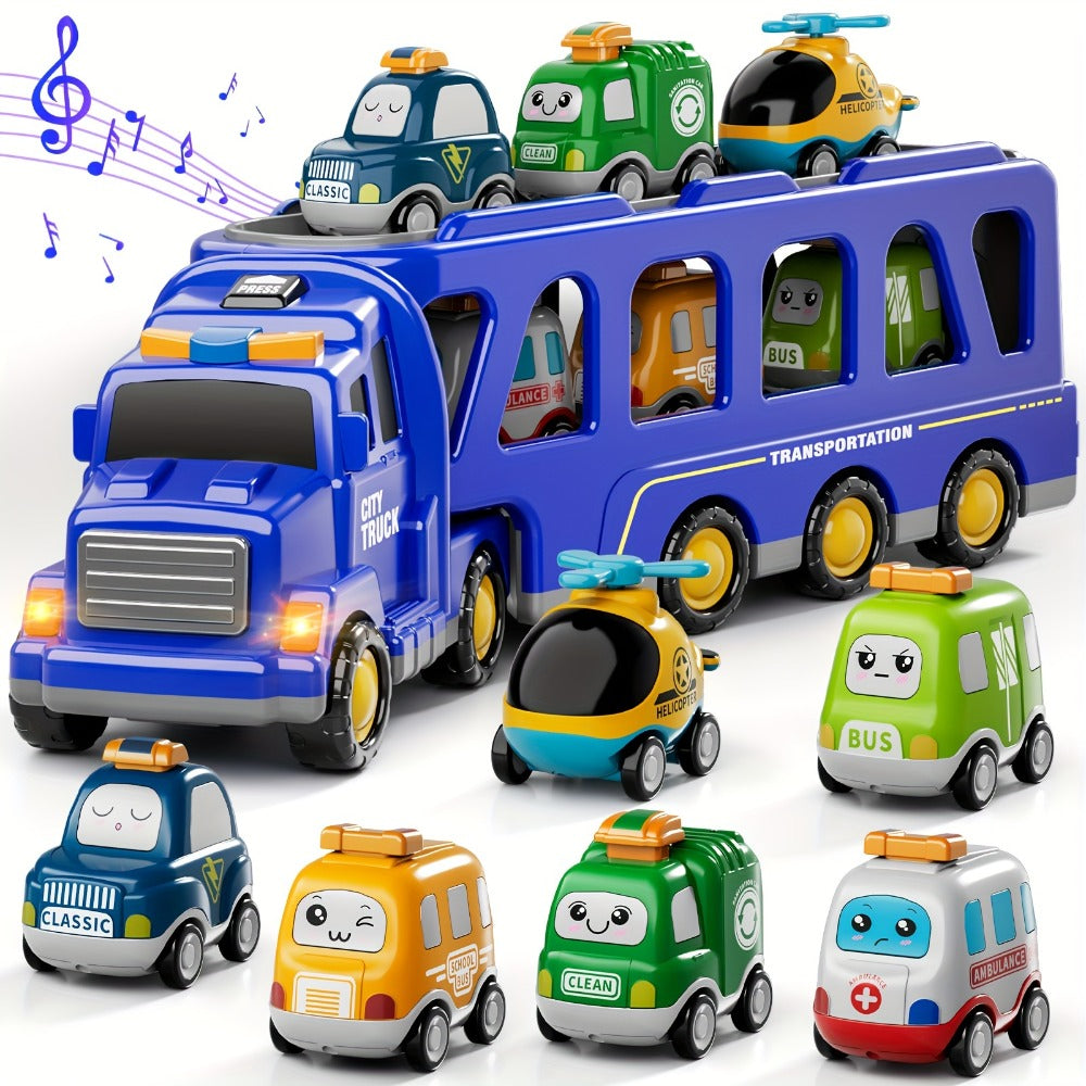 Car Carrier Truck Toy with 6 Cars, 16.9" Transport Construction Truck with Lights & Sounds