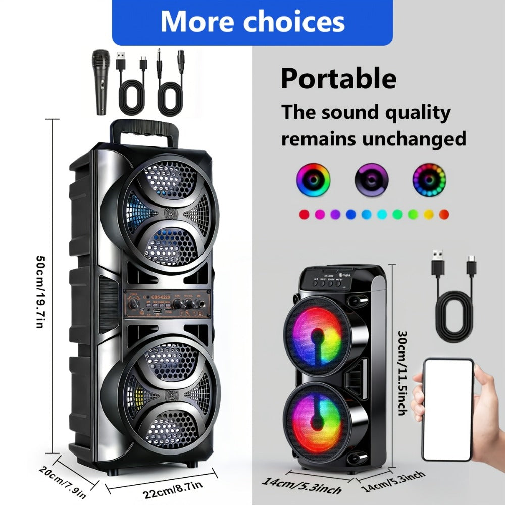RGB Dual Speaker Portable Bluetooth Stereo Sound System with Subwoofer, Ambient Lighting, Two Speaker Sizes, Deep Bass for Party, Camping, Home Entertainment