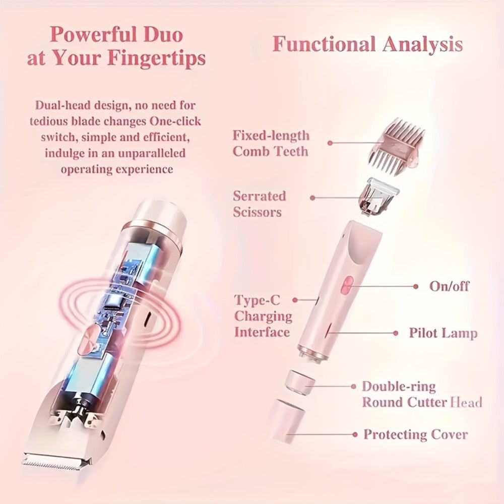 Bikini Trimmer Electric 2-in-1 Rechargeable Dual-Head Face Shaver for Women - Stainless Steel Blade USB Cordless Hair Remover for Bikini Line Face Arms Thighs Body Portable Gift
