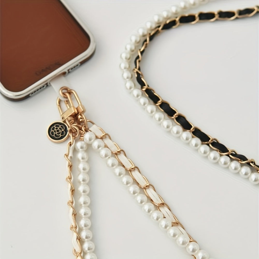 Pearl Double Chain Phone Strap Crossbody Wristband Lanyard for Women Girls – Faux Pearl Leather Clip-On Hanging Chain Strap for iPhone Samsung Android Smartphones – Aesthetic Y2K Fashion Accessory Black White
