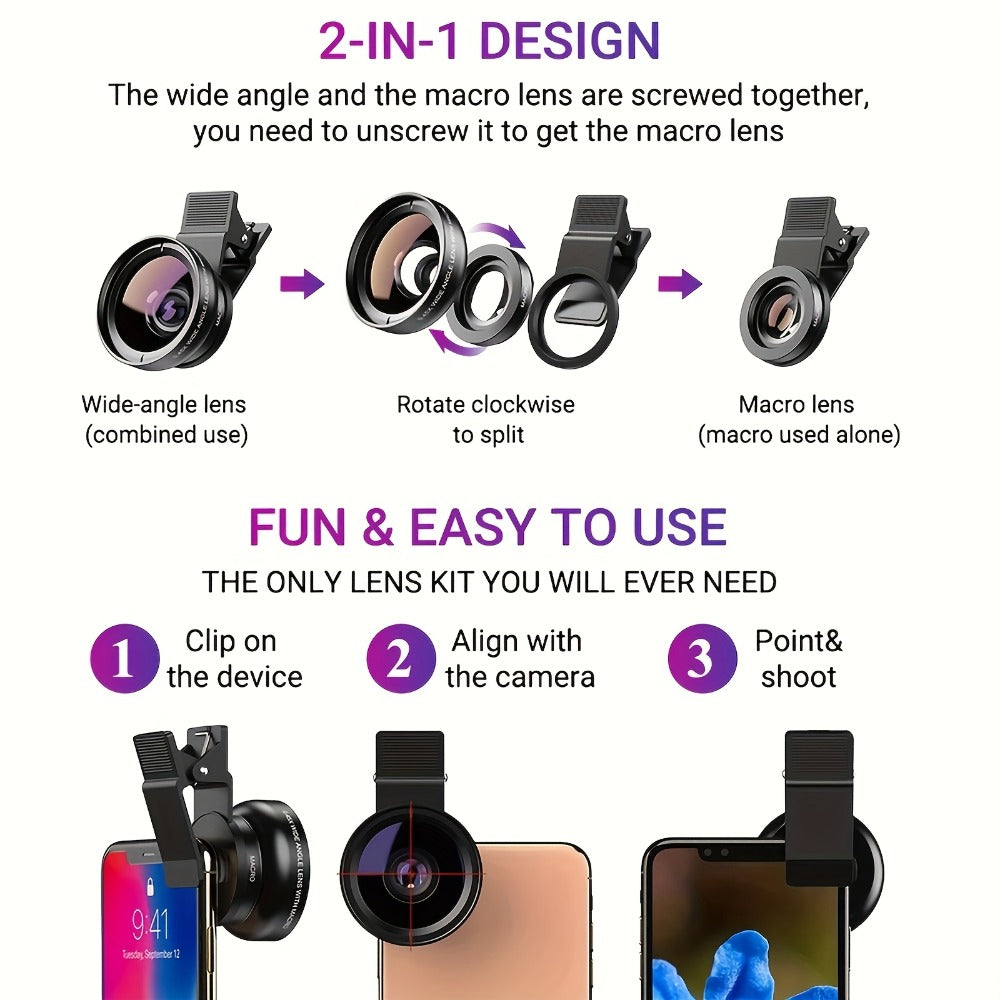 Clip-On Phone Lens Kit 2-in-1 – 0.45x HD Wide Angle & 12.5x Super Macro Lens for iPhone & Android, Universal Smartphone Camera Upgrade for Travel, Nature & Content Creation