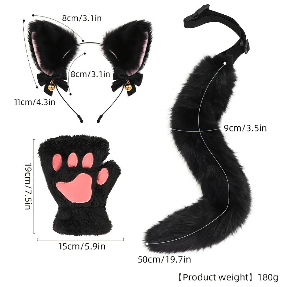 Cat Costume Set 3 Piece – Bell Ear Headband, Plush Paw Gloves & Adjustable Tail for Halloween, Cosplay, Role Play & Stage Performances, Cute Gift for Women Girls, Grey White Brown Pink