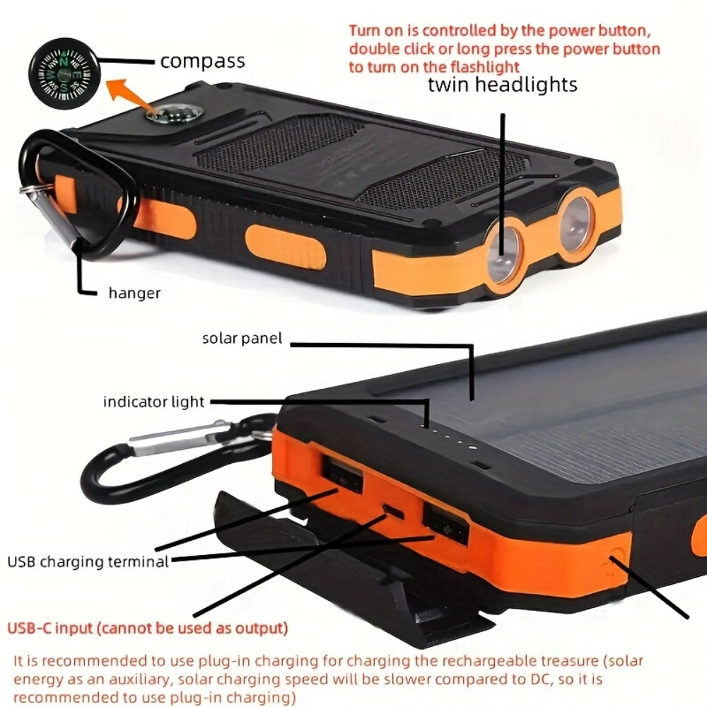 38800mAh Solar Power Bank QC3.0 Fast Charging – USB-C Dual USB Ports LED Flashlight Portable Battery Pack for All Cell Phones Outdoor Camping Hiking Travel Emergency Backup
