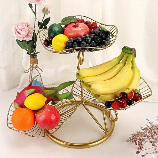 Fruit Basket Stand, 3-Tier Iron Wire Bowls with Lotus Leaf Design, Golden Tone
