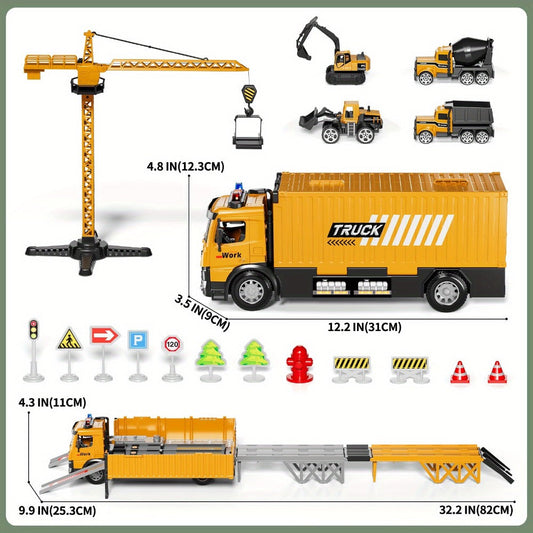 Construction Truck Toy Set with Crane Container Truck, Foldable Double Race Track & 4 Alloy Trucks