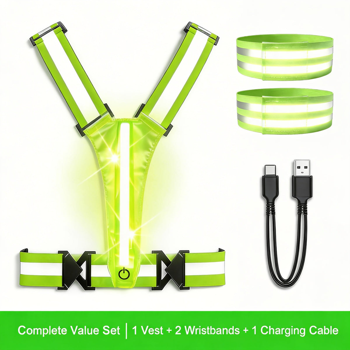 LED Reflective Running Vest – 360° USB Rechargeable Set